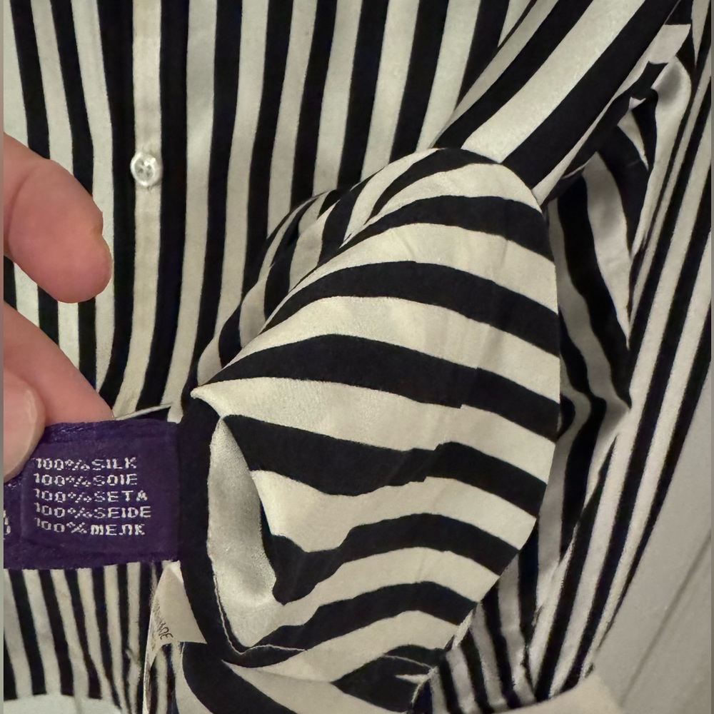 Black and White Striped Button-Up Shirt 100% Silk Shirt - Picture 4 of 4